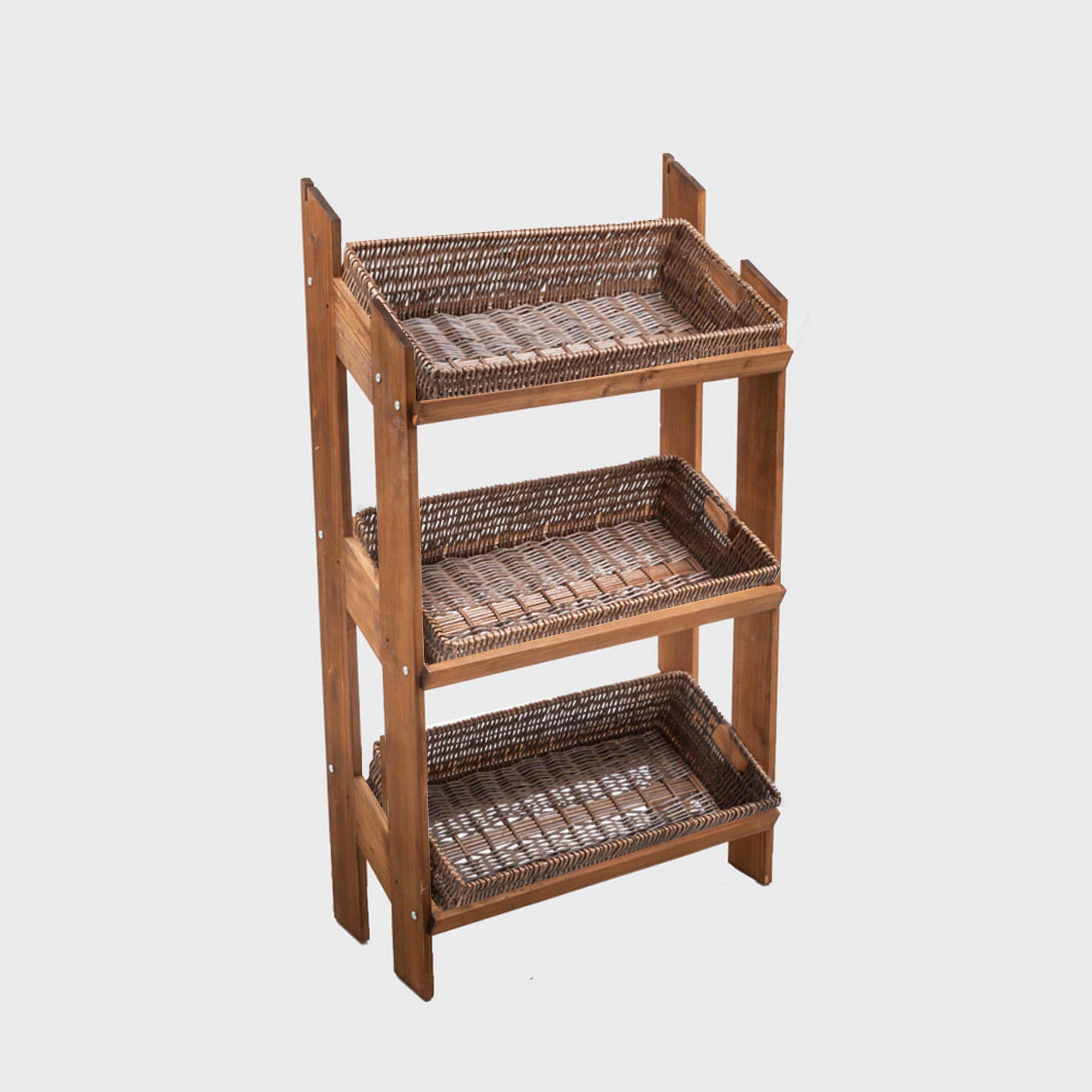 Norwood 3-shelf dark oak stand with shallow dark wicker trays 820 with structured, low-profile walls and open-top design.