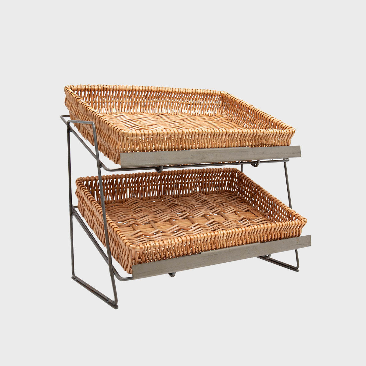 Railton tiered counter top display unit with medium natural wicker trays multi-tiered layout for product positioning.