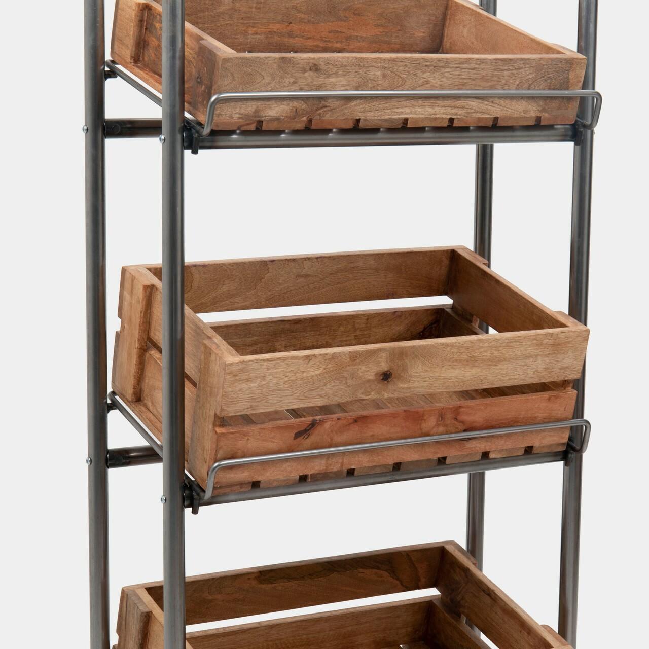 Camberwell retail stand 4 shelf with chatto wooden crates featuring a multi-tiered layout for product positioning.