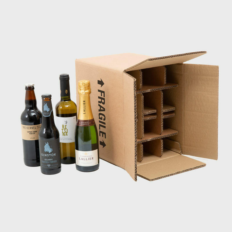 12 bottle 330 or 500ml beer or half wine budget shipping box from thick, impact-resistant inner for bottle security.