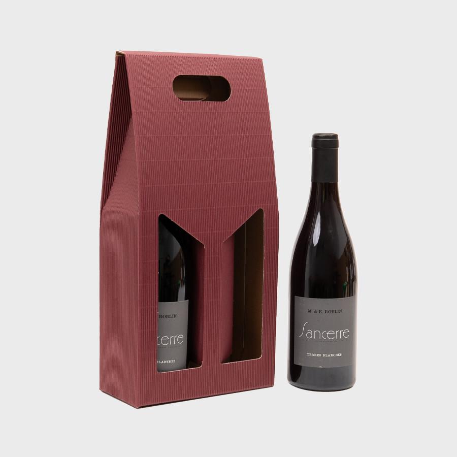 2 bottle burgundy fluted gift box with windows from high-density rigid paperboard.