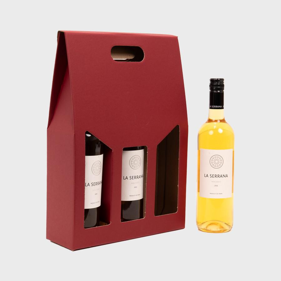 3 Bottle red top opening gift box with windows from high-density rigid paperboard.