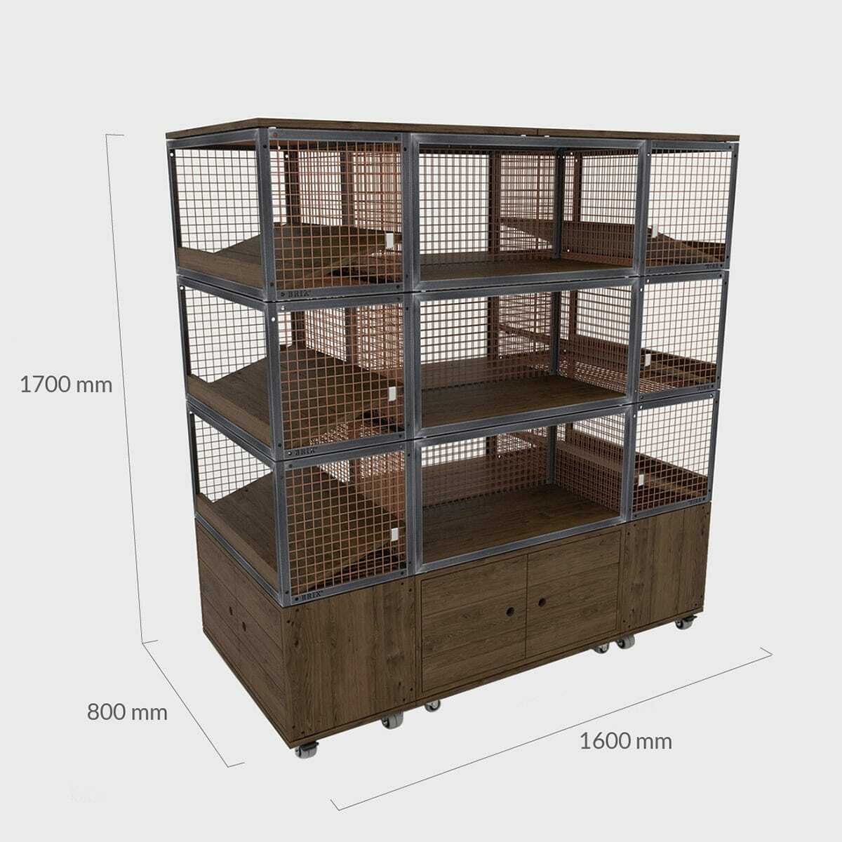 BRIX dark wood central island shelving 1600mm featuring a heavy-duty modular geometric profile layout.