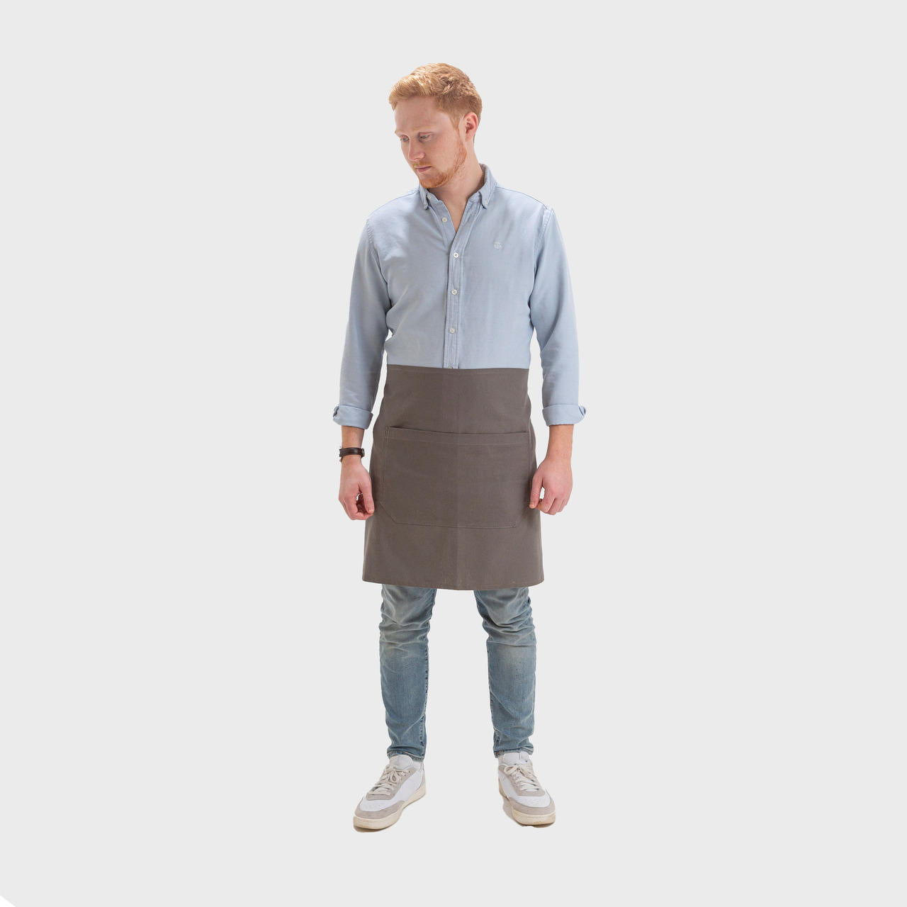 8oz grey recycled cotton waist apron tailored from heavy canvas with reinforcing seams.