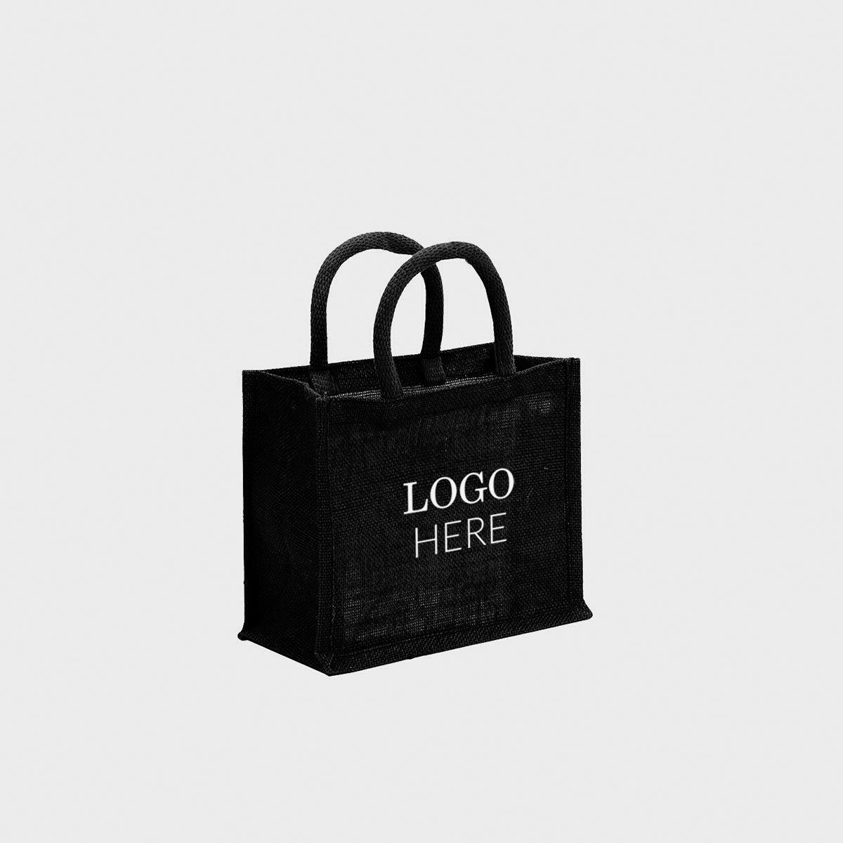 Mini black jute bag with padded handles.