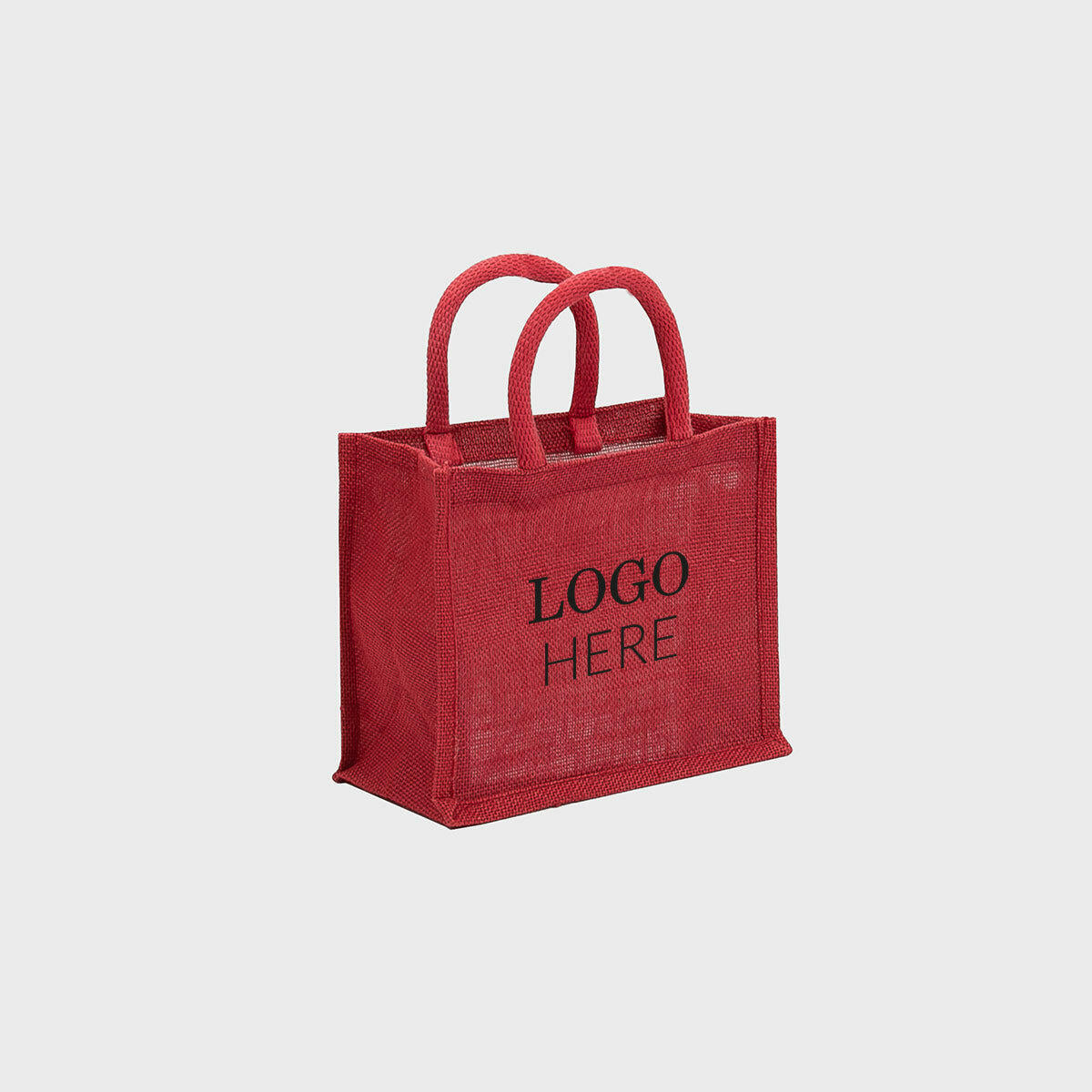 Mini red jute bag with padded handles.
