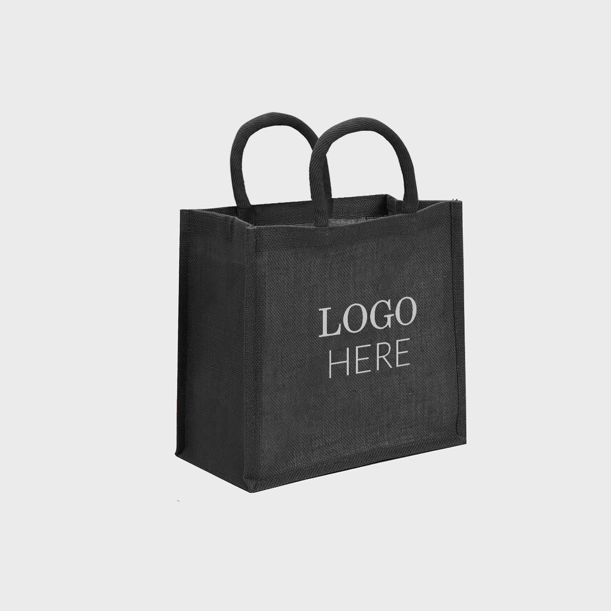 Medium black jute bag with padded handles.