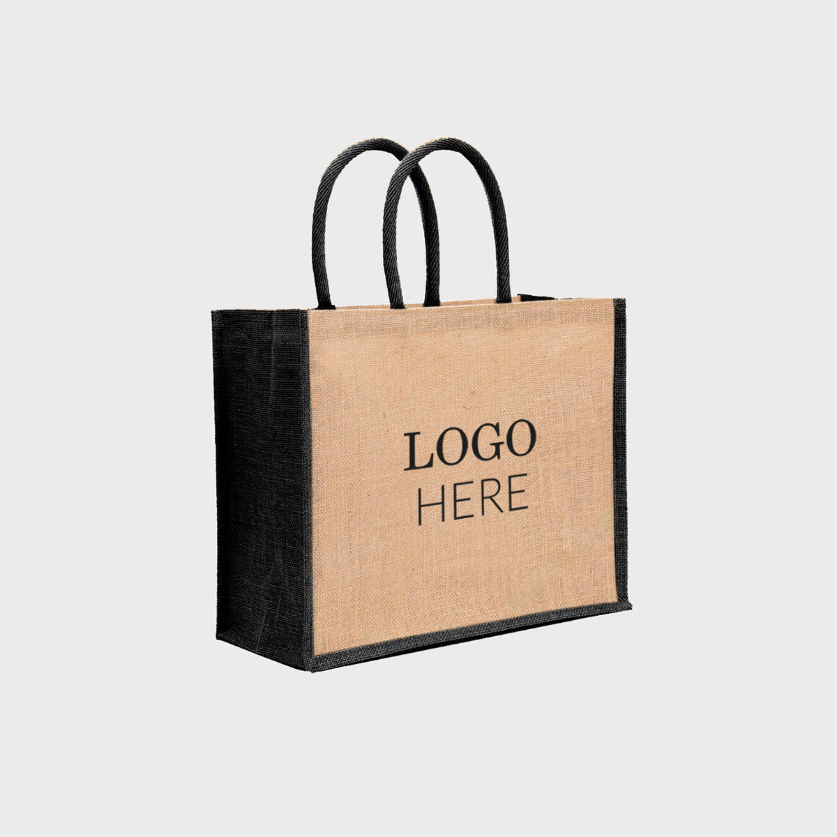 Medium natural jute bag with black gussets with padded handles professional clean structural profile finish.