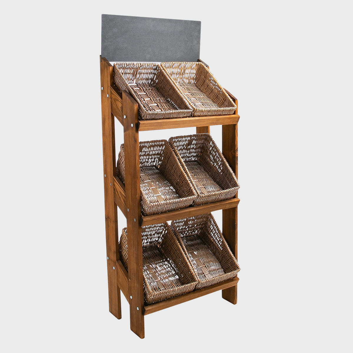 Norwood 3-shelf dark oak stand with angled narrow rustic wicker 650 professional clean structural profile finish.