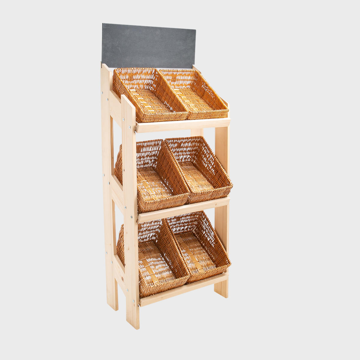Norwood 3-shelf stand with angled narrow natural wicker 650 featuring a multi-tiered layout for product positioning.