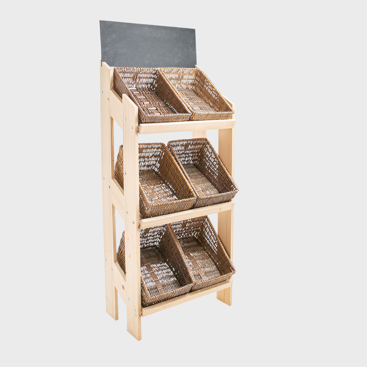 Norwood 3-shelf stand with angled narrow dark wicker 650 featuring a multi-tiered layout for product positioning.