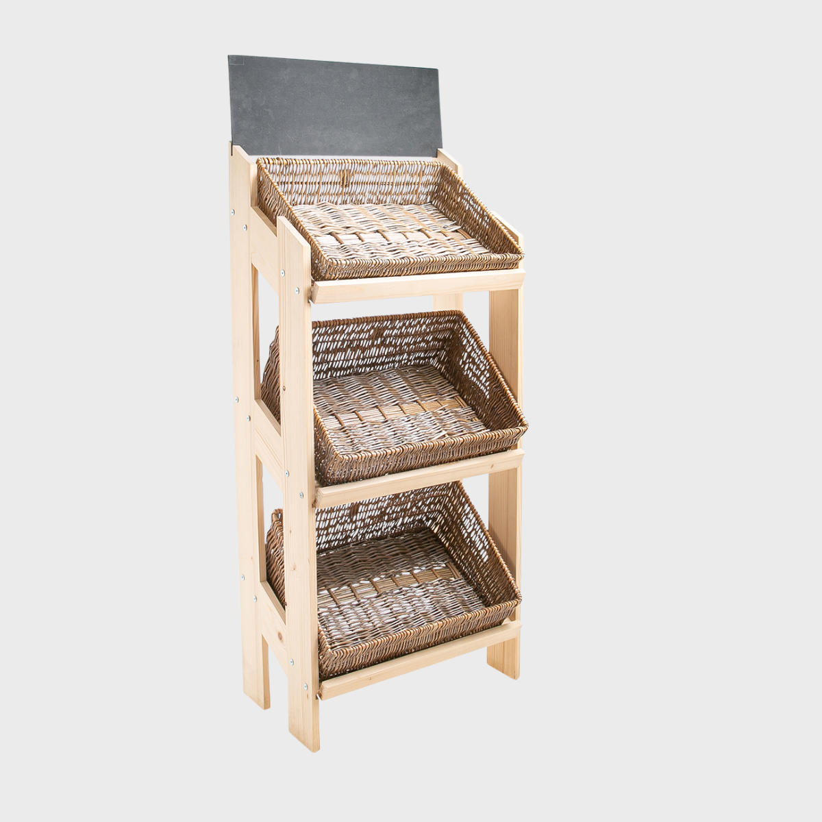 Norwood 3-shelf stand with angled wide dark wicker 650 featuring a multi-tiered layout for product positioning.