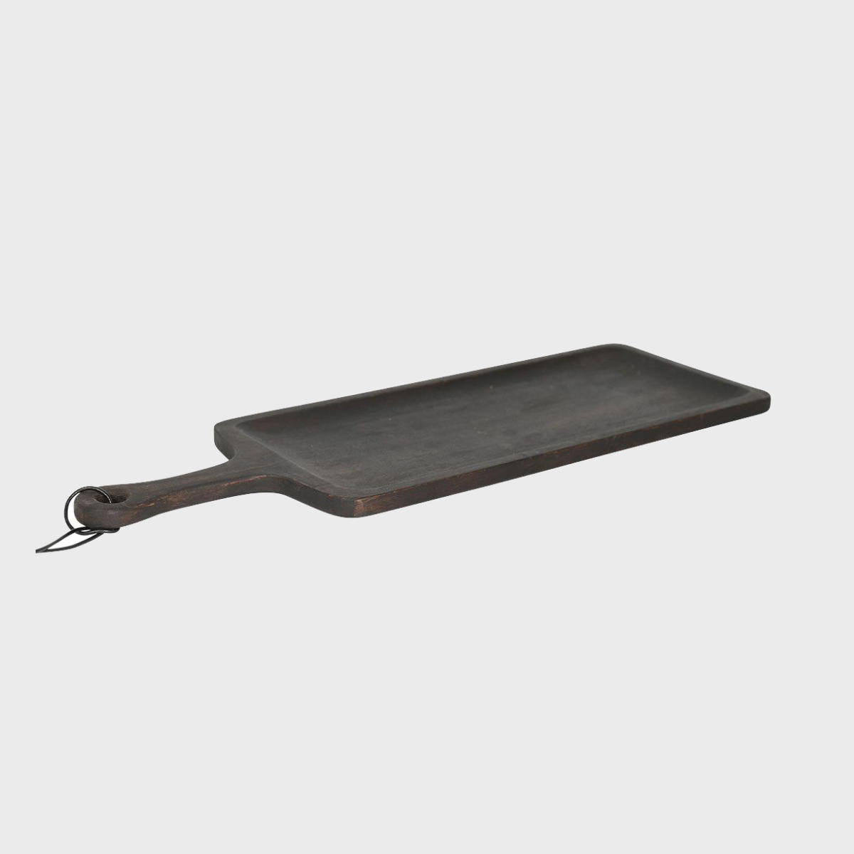 Black wooden scooped serving board crafted from durable hardwood with natural grain detail.