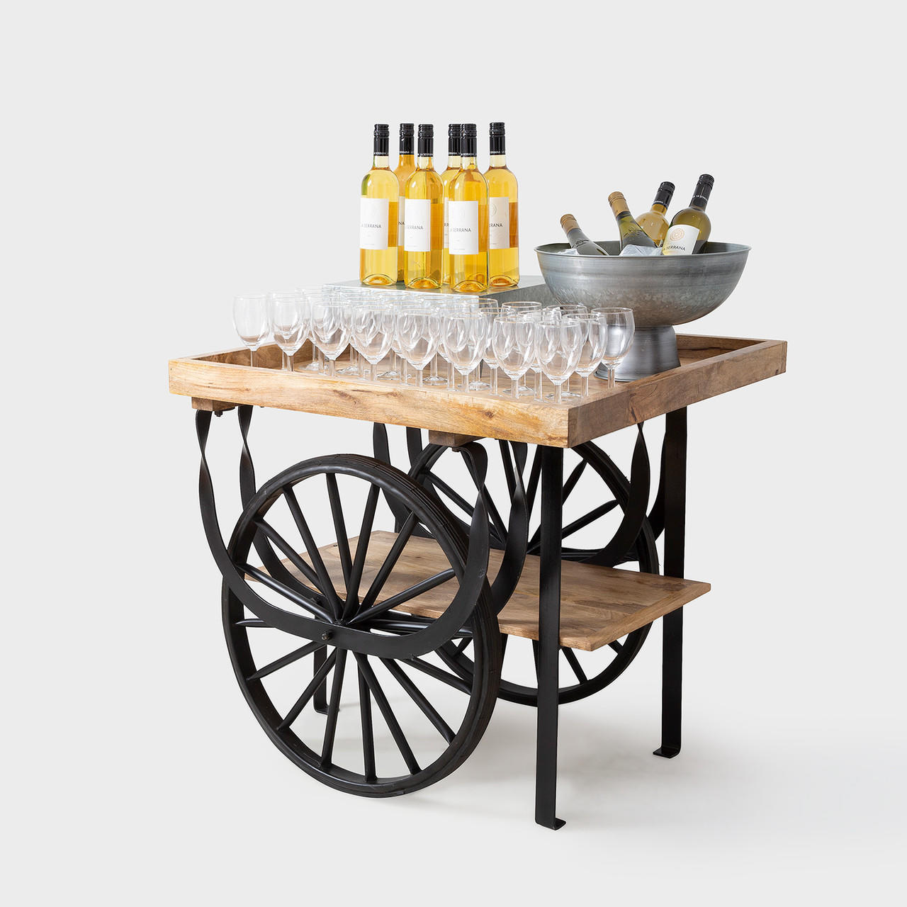 Small Wooden Market Cart Table with wine bottles shown as a use case.