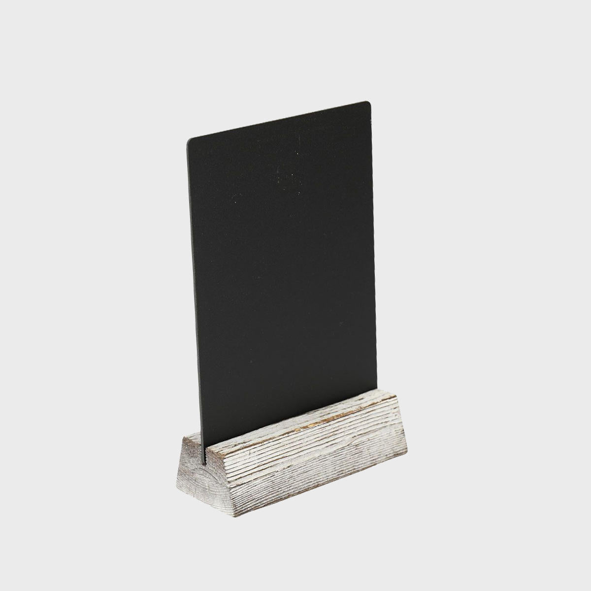 3 Distressed pine stands and chalkboards with a clean surface for visible retail messaging.