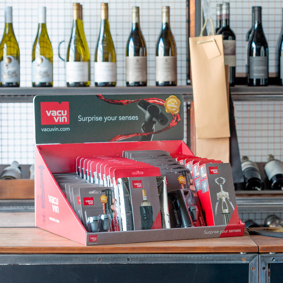 Vacu vin wine accessory countertop display featuring a multi-tiered layout for product positioning.