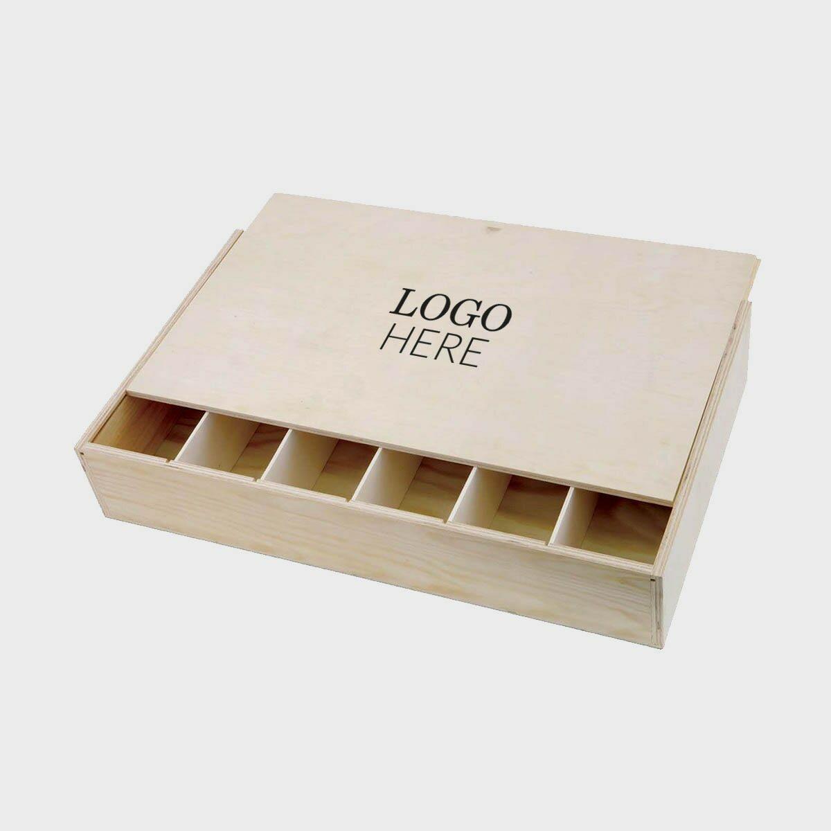6 bottle wooden wine box with sliding lid with premium natural wood grain and secure hardware closures.