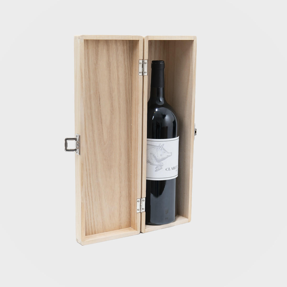 Magnum tung wooden wine box with hinged lid.