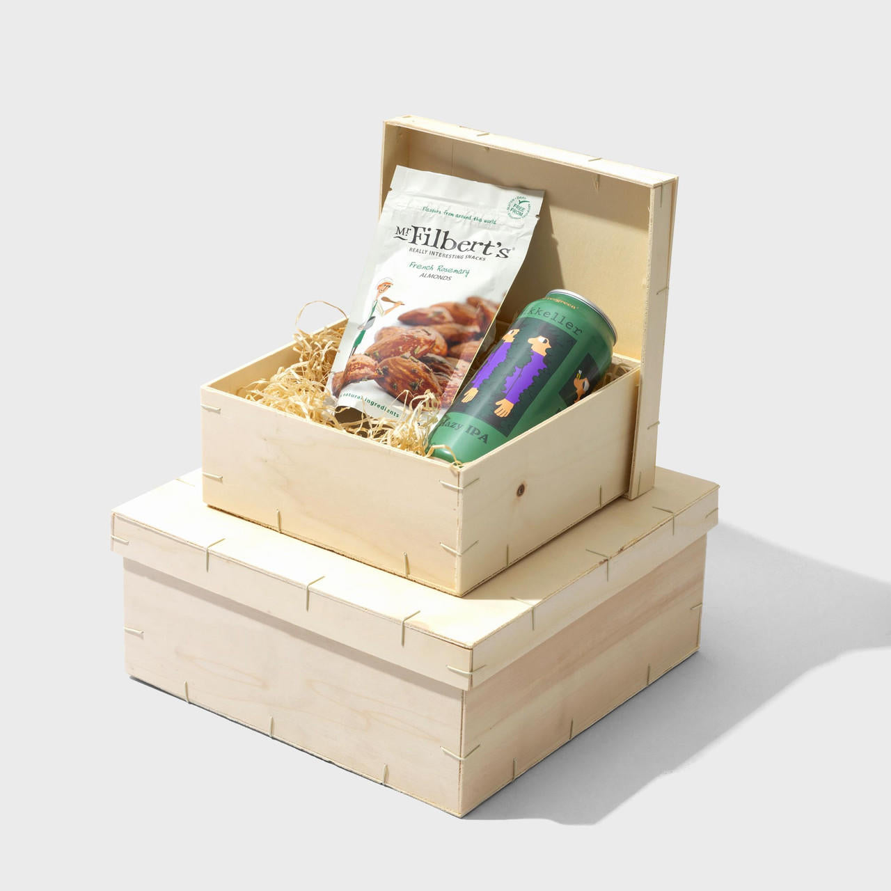 Square plywood gift box with lid from high-density rigid paperboard.
