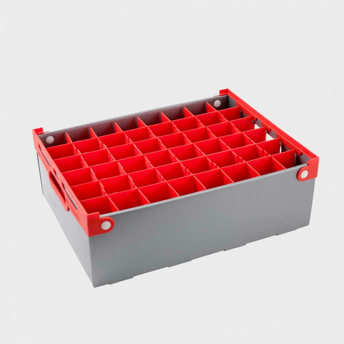 A gray Portaglas glass storage crate with red interlocking dividers designed for organizing and protecting glassware during shipping and storage.