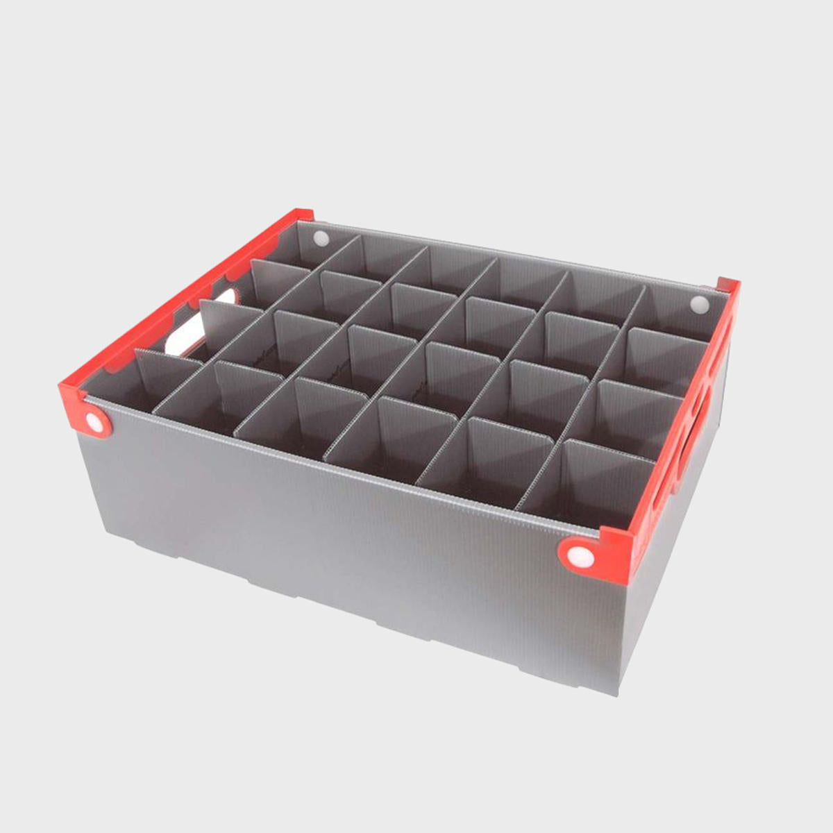 A plastic glass storage crate with multiple compartments, featuring a silver grey body with red accents and solid red handles.