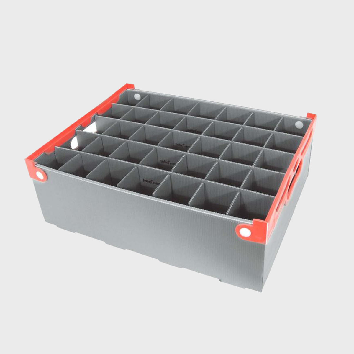 A plastic glass storage crate with multiple compartments, featuring a silver grey body with red accents and solid red handles on sides.