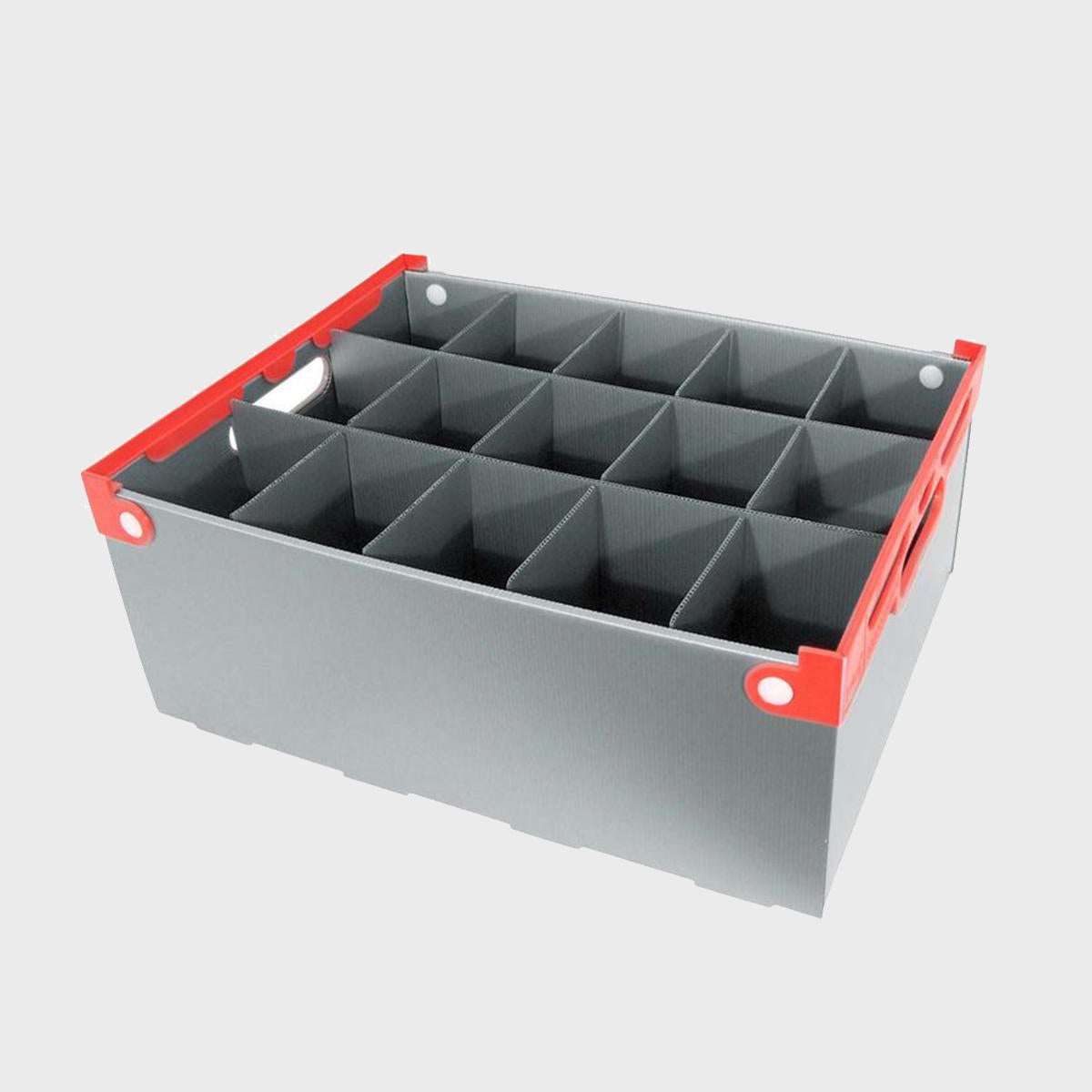 A plastic glass storage crate with multiple compartments, featuring a silver grey body with red and solid red handles.