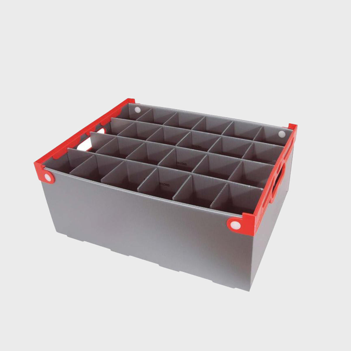 A plastic glass storage crate with multiple compartments, featuring a grey body with red accents and solid red handles.