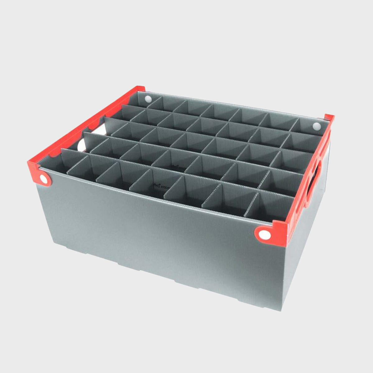 A plastic glass storage crate with multiple compartments with solid red handles.