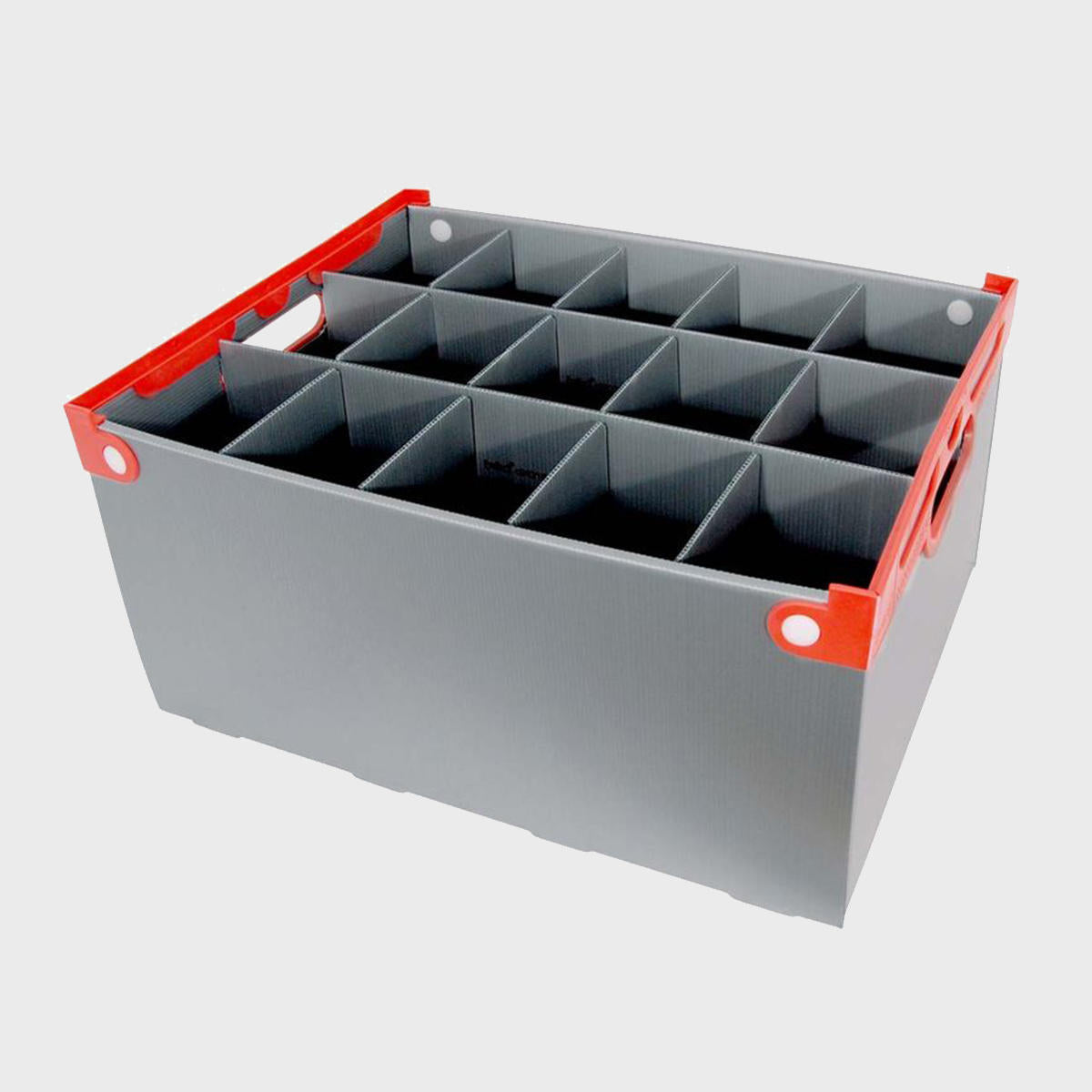 A plastic glass storage crate with multiple compartments with red handles.