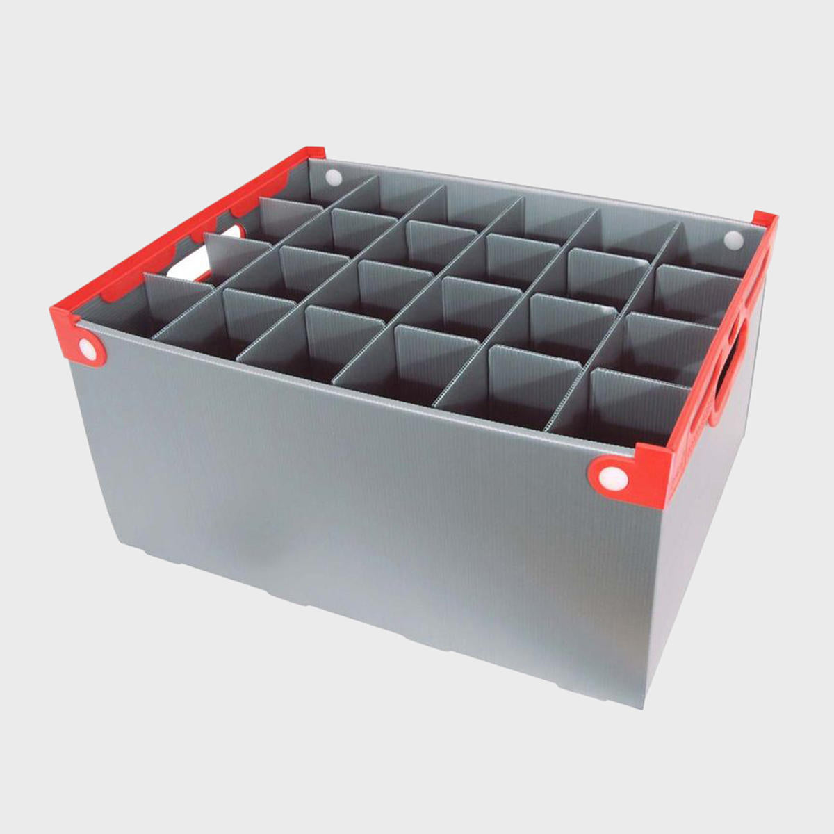 A plastic glass storage crate with multiple compartments, featuring a silver grey body with red accents and solid red handles.