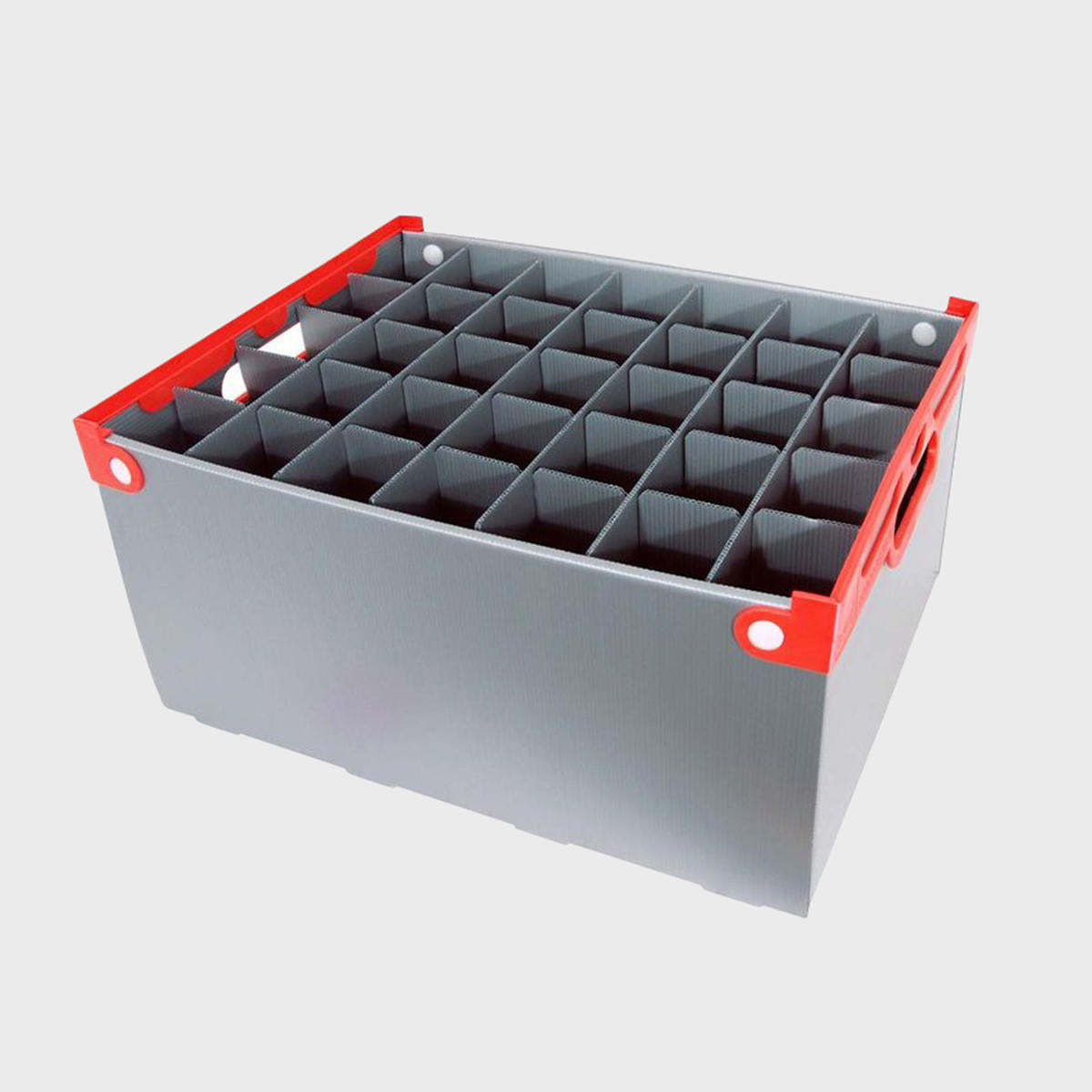 A plastic glass storage crate with multiple compartments from an above view.