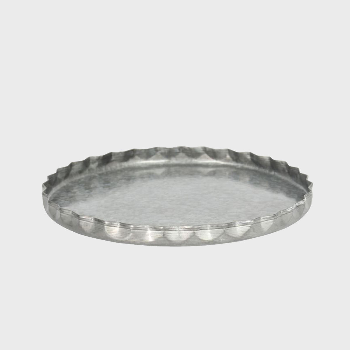 Galvanised metal serving platter with a textured surface and folded edges.