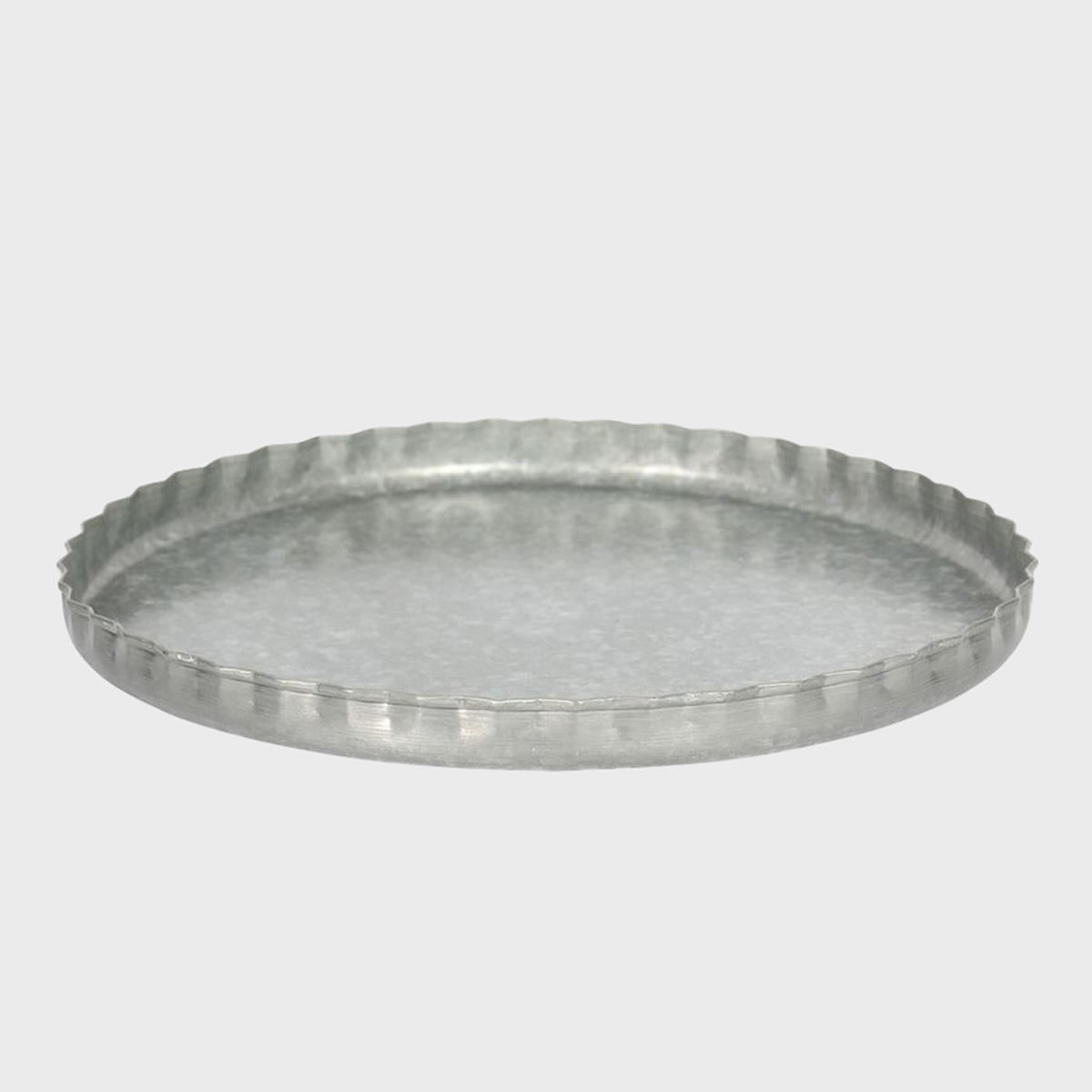A set of three galvanised metal serving platters in different sizes, with a textured surface and folded edges.