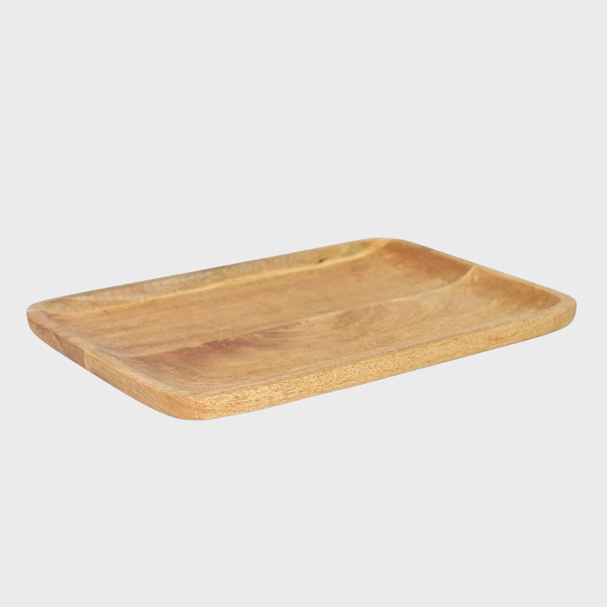 A wooden serving board displaying the natural grain and colour of mango wood.