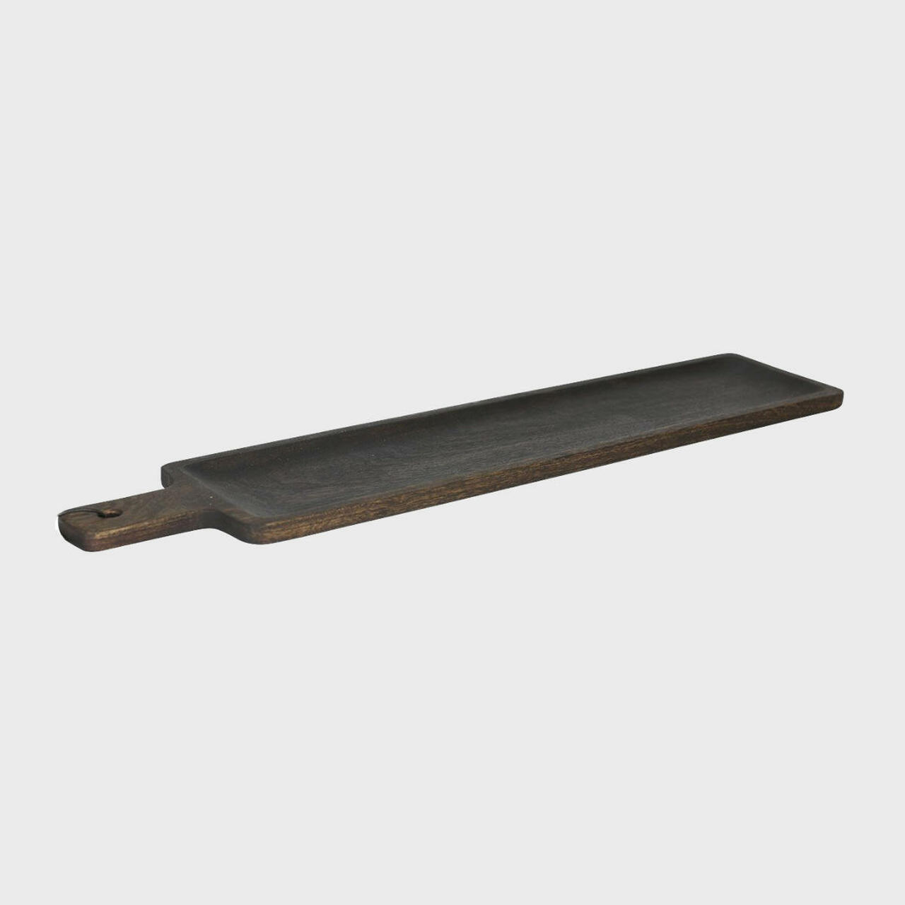 A long, black wooden serving board with a handle on the side.