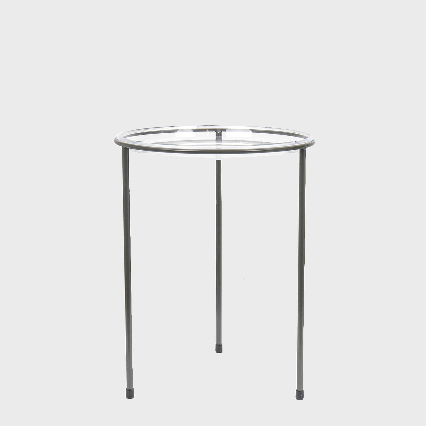 A silver metal tripod riser with a clear acrylic dome countertop stand on white background.