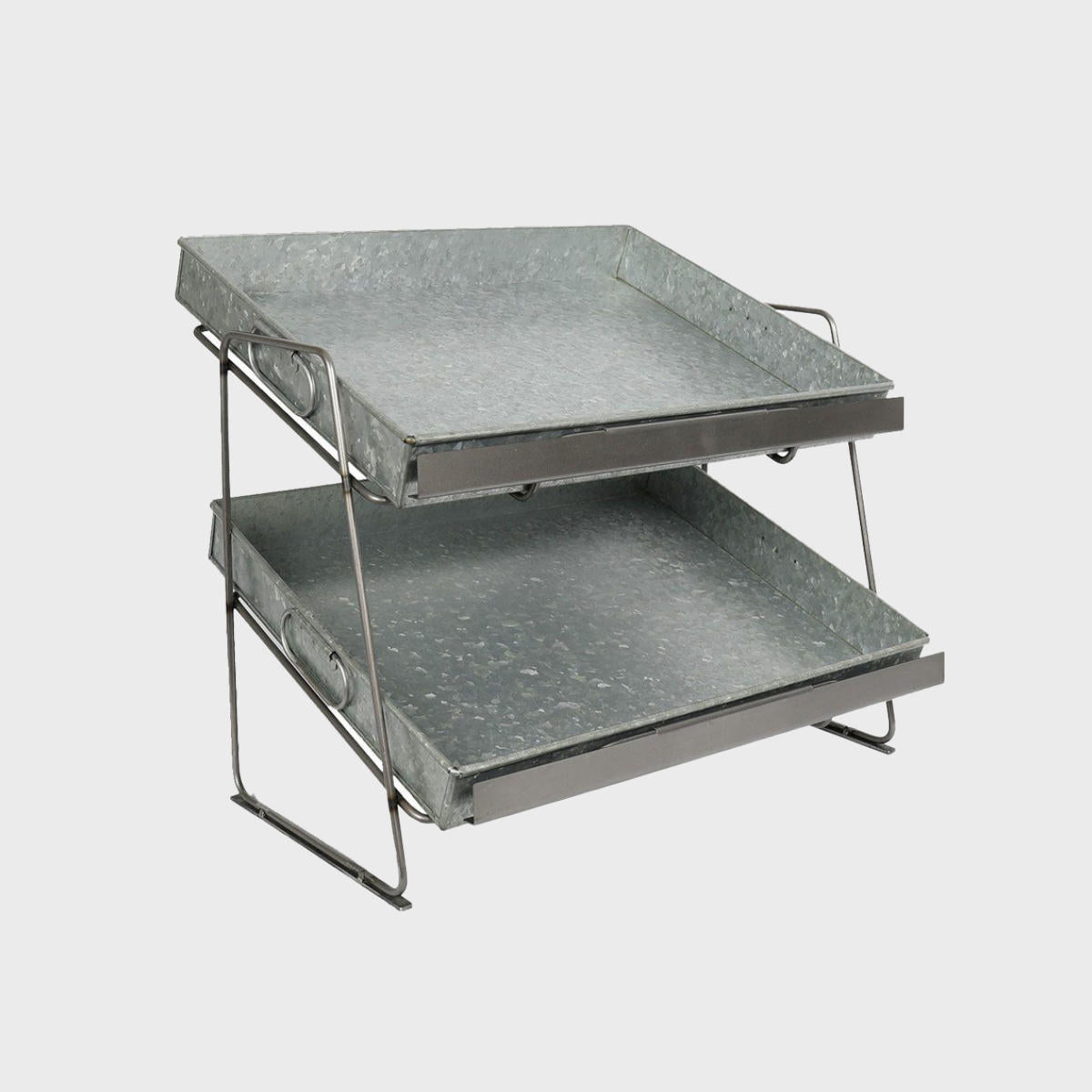 A silver tiered countertop display unit with medium-sized metal trays.
