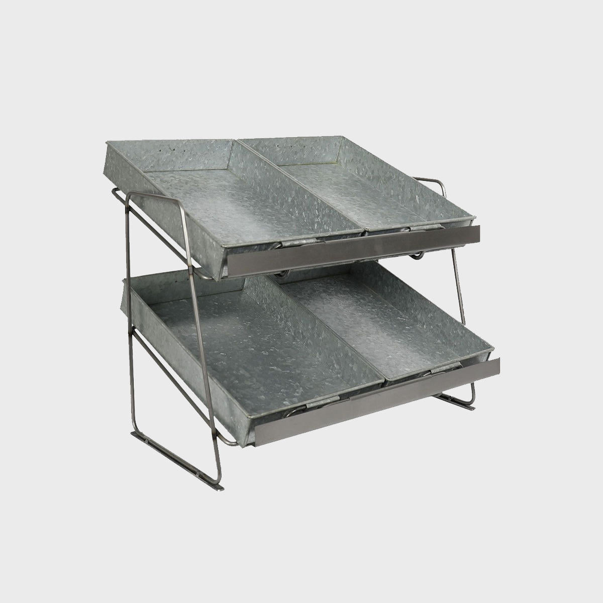 A silver, tiered countertop display unit with small metal trays made from galvanised steel.
