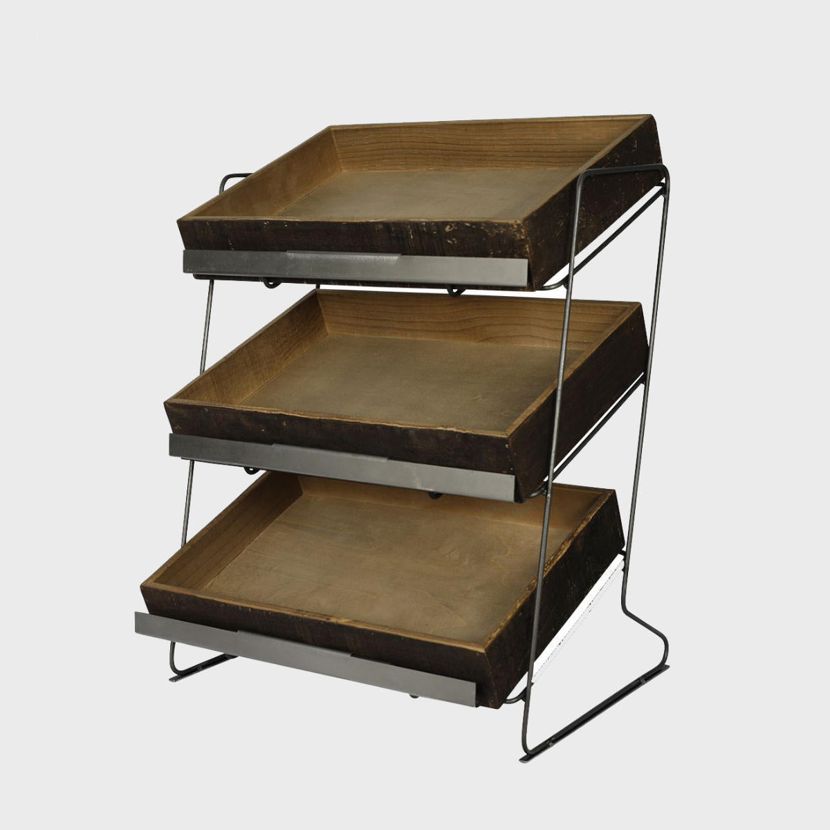 Railton tiered countertop display unit with medium wooden trays