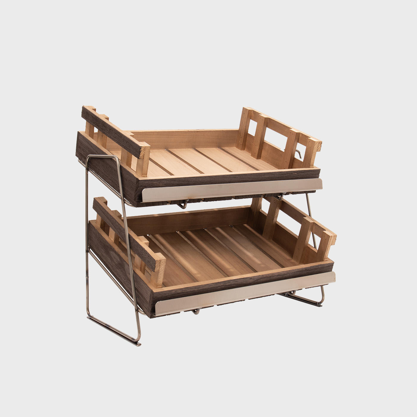 A tiered countertop display unit with medium chitting trays, consisting of a metal frame and wooden trays.