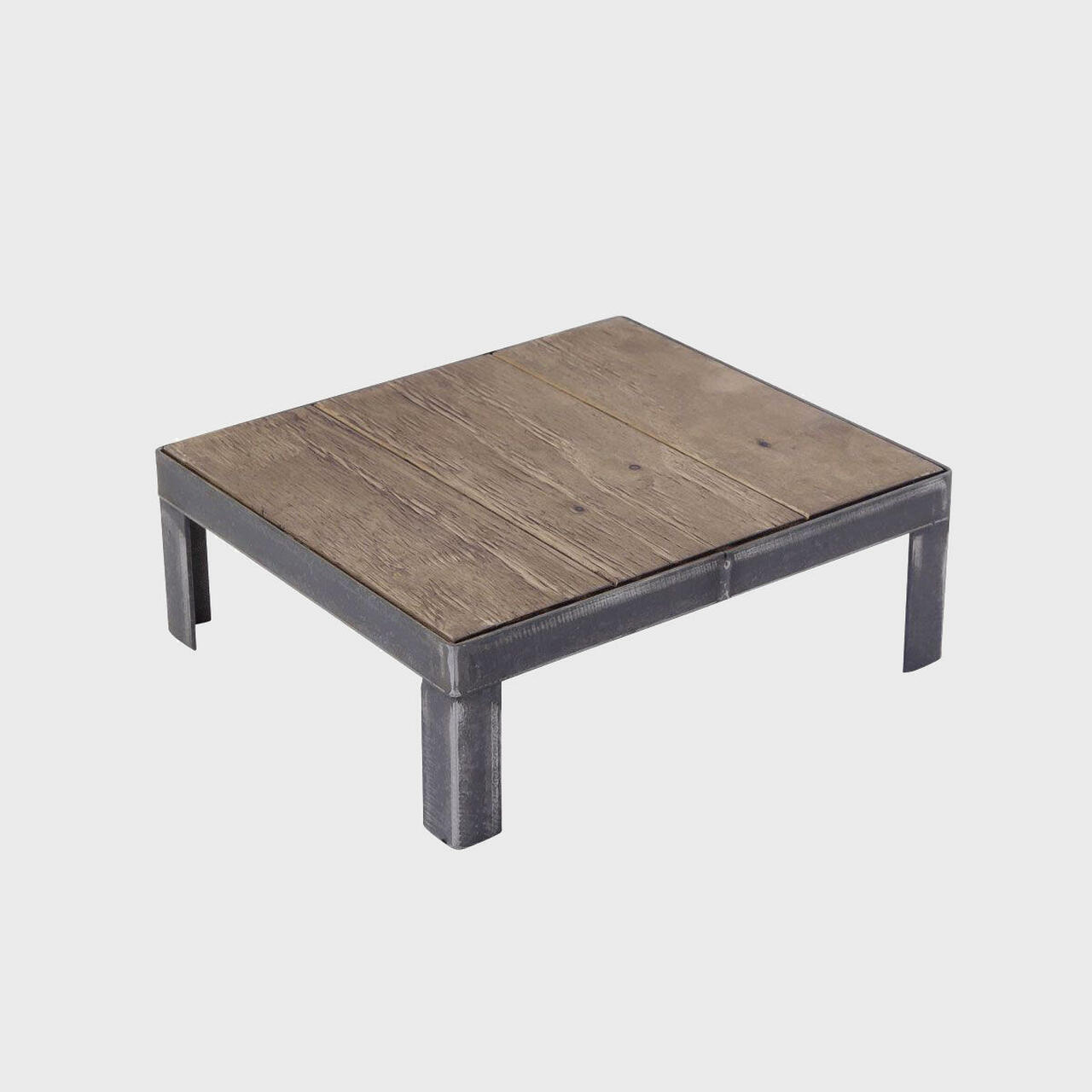 Dark wood countertop riser with metal frame.