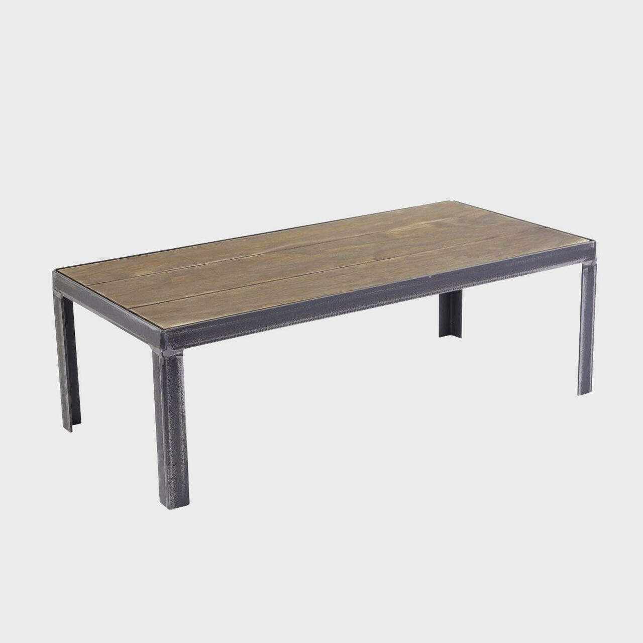 Dark wood countertop risers with a metal frame designed for retail display.