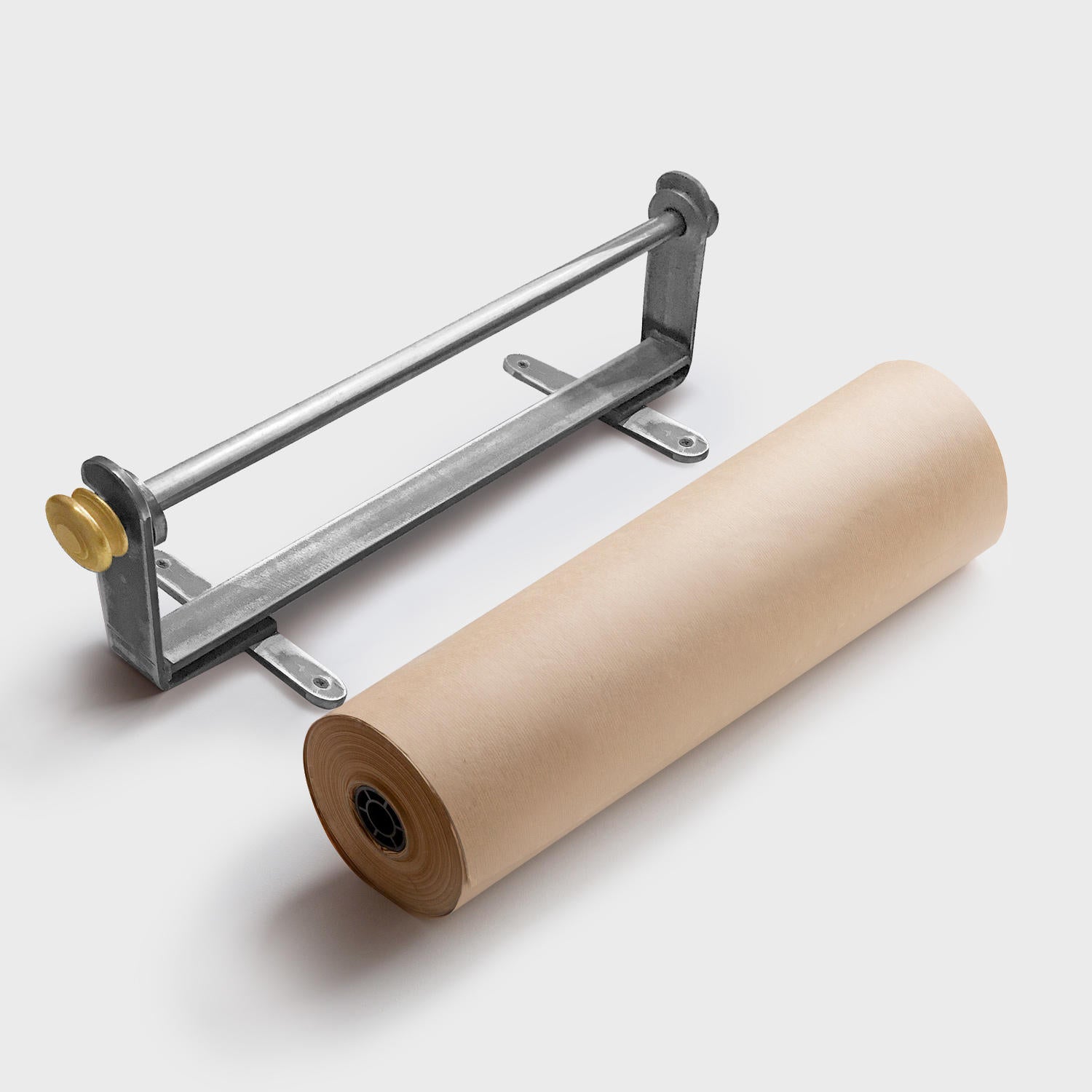 A wall-mounted metal paper dispenser with a silver finish and a gold colored adjustment knob, accompanied by two wall plugs and screws.