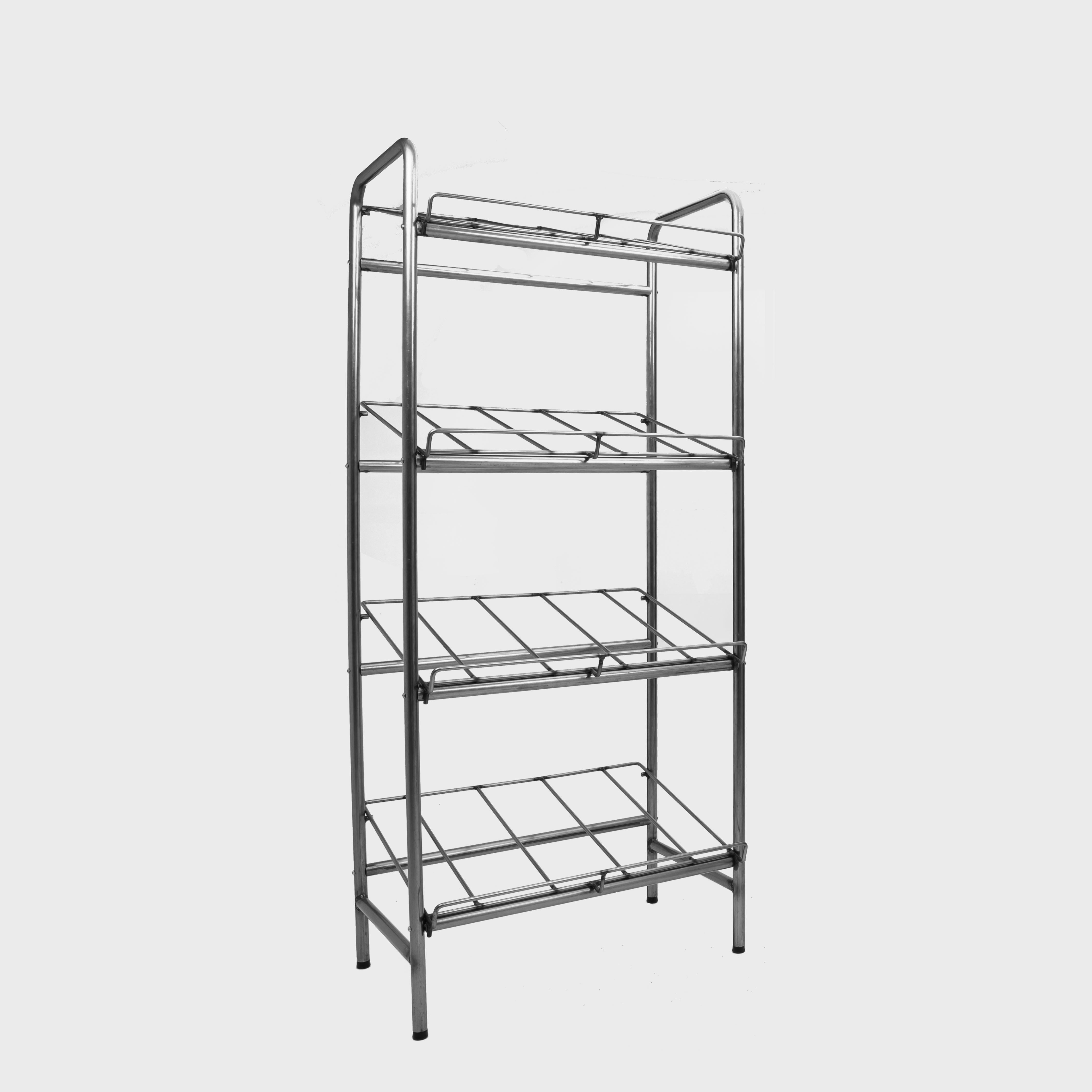 4 shelf metal display stands with a rustic finish, designed for retail environments.