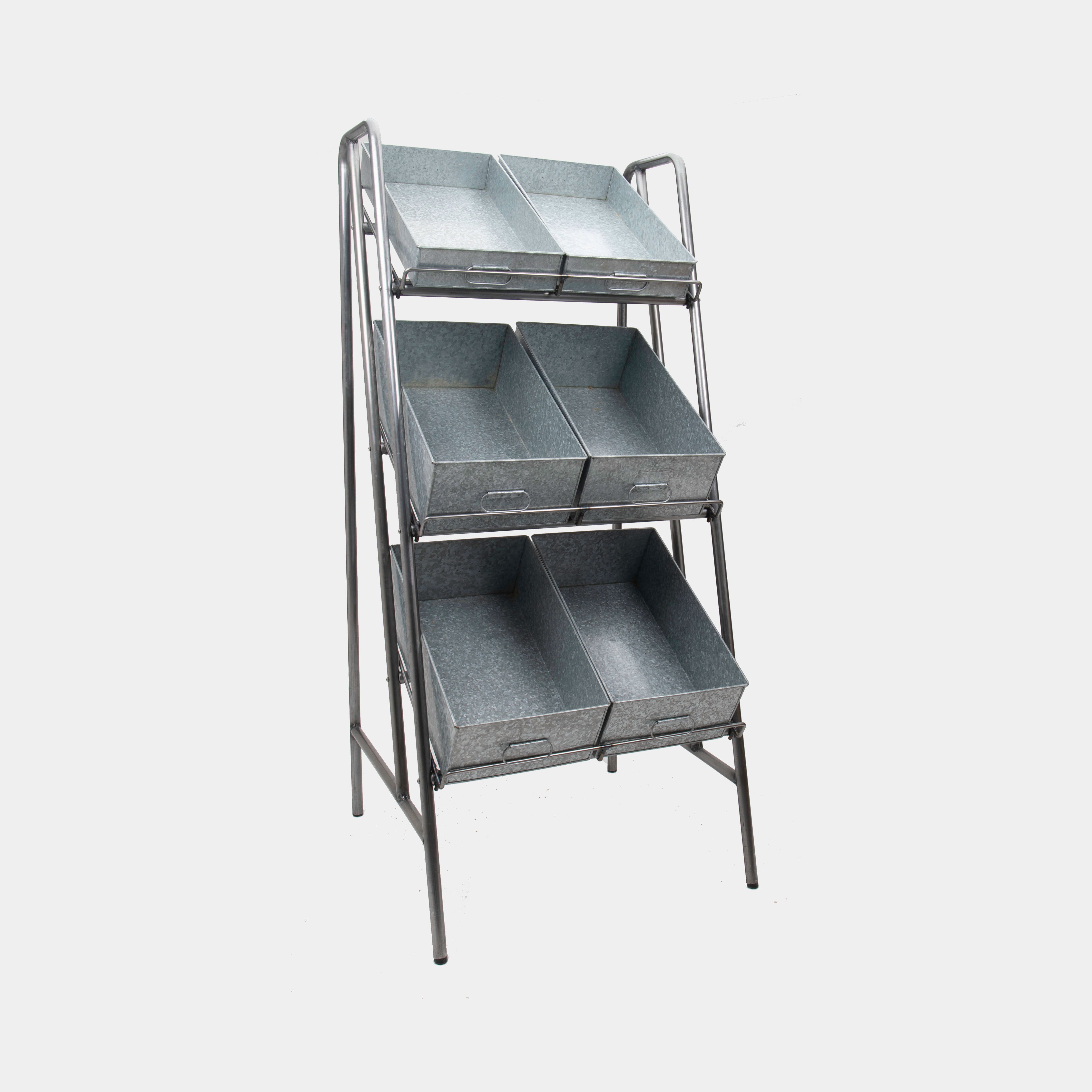 A Camberwell 3 shelf metal display stand with galvanised metal trays on waxed steel tubing.