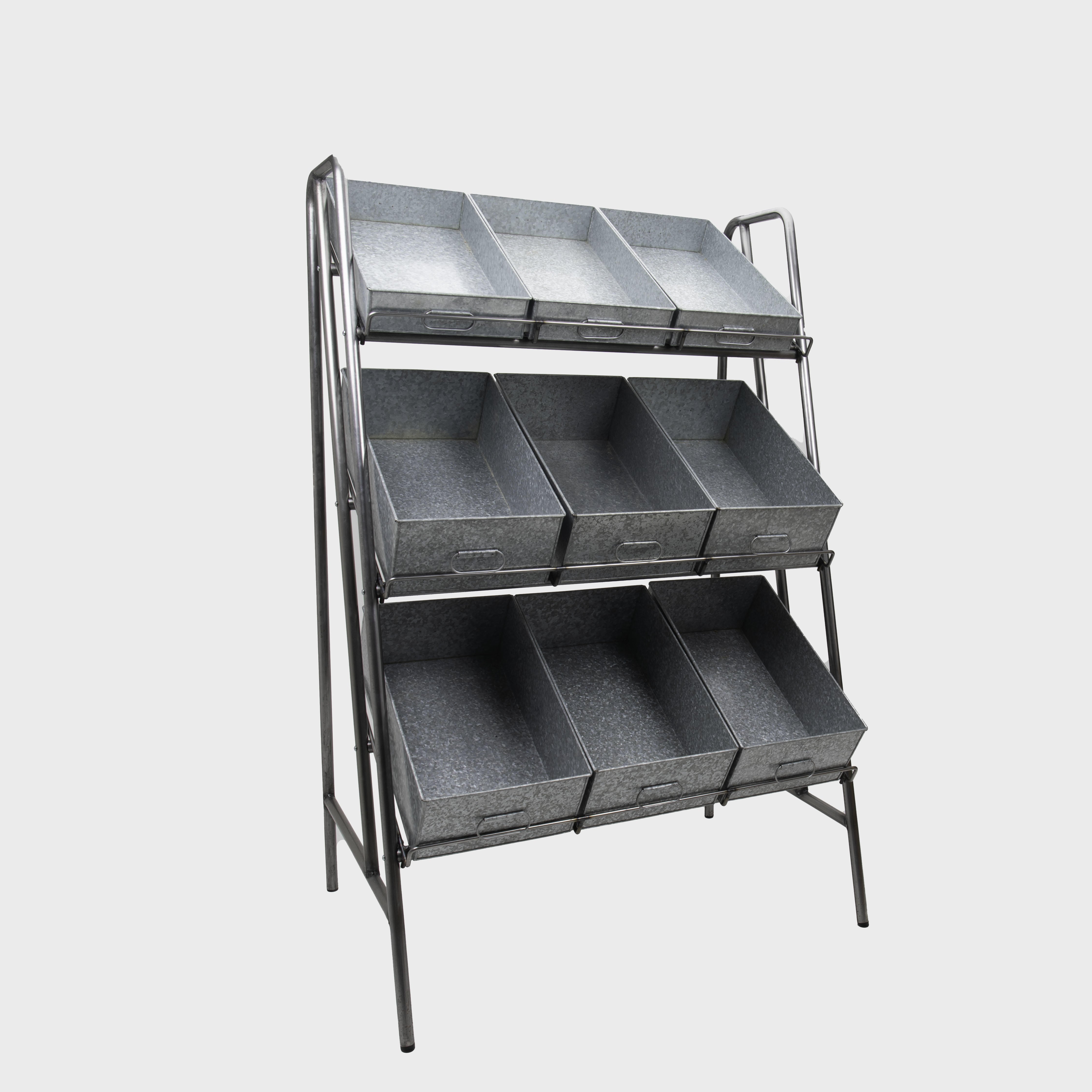 Camberwell 3 shelf metal display stand with galvanised metal trays on waxed steel tubing.