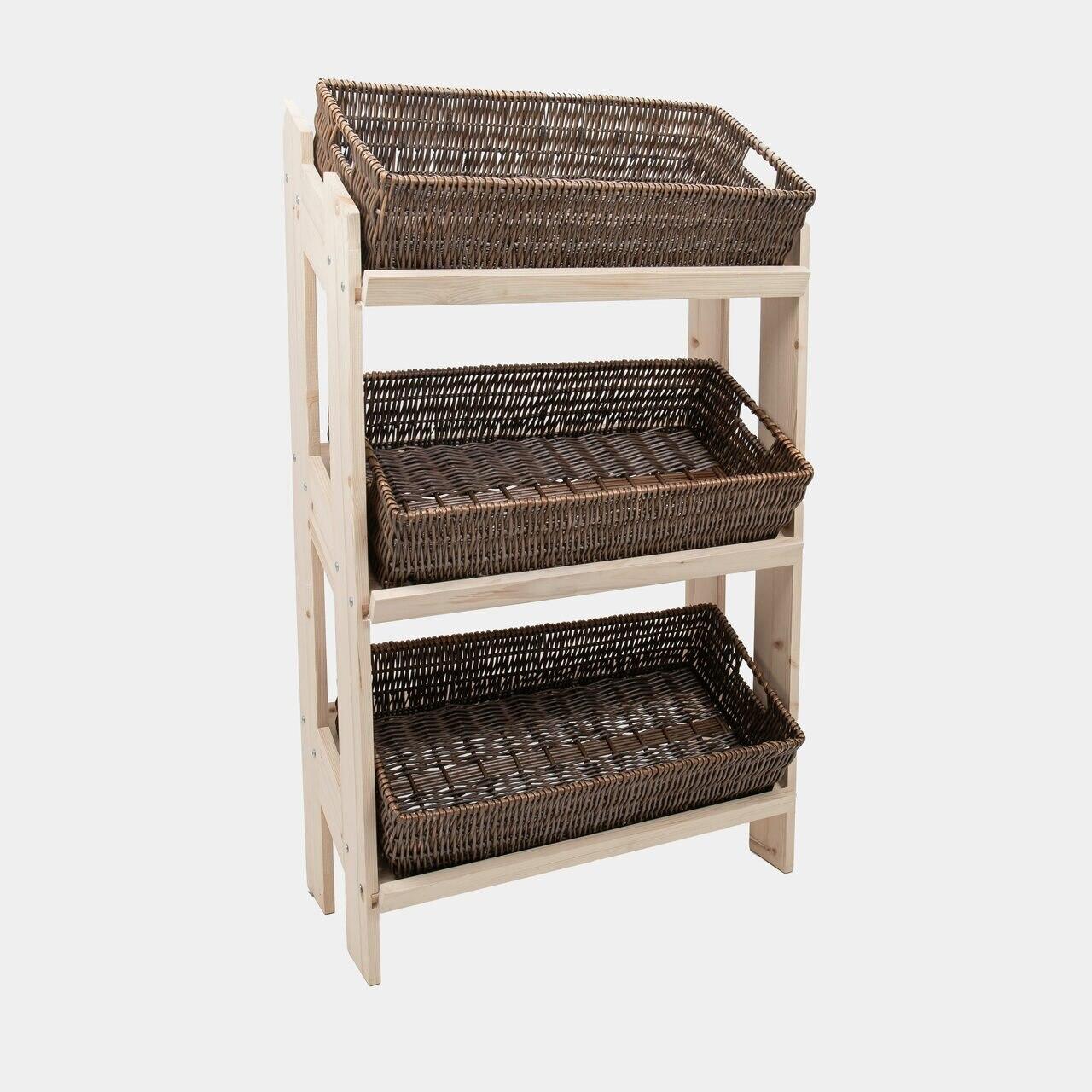 A three-shelf retail stand with rustic wicker trays and a natural pine frame.