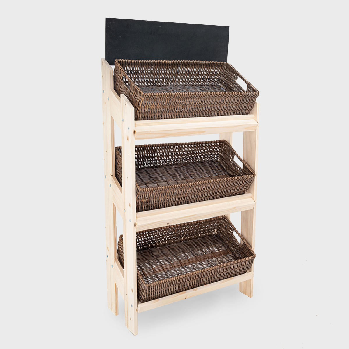 A three-shelf retail stand with rustic wicker trays and a natural pine frame with a blackboard.