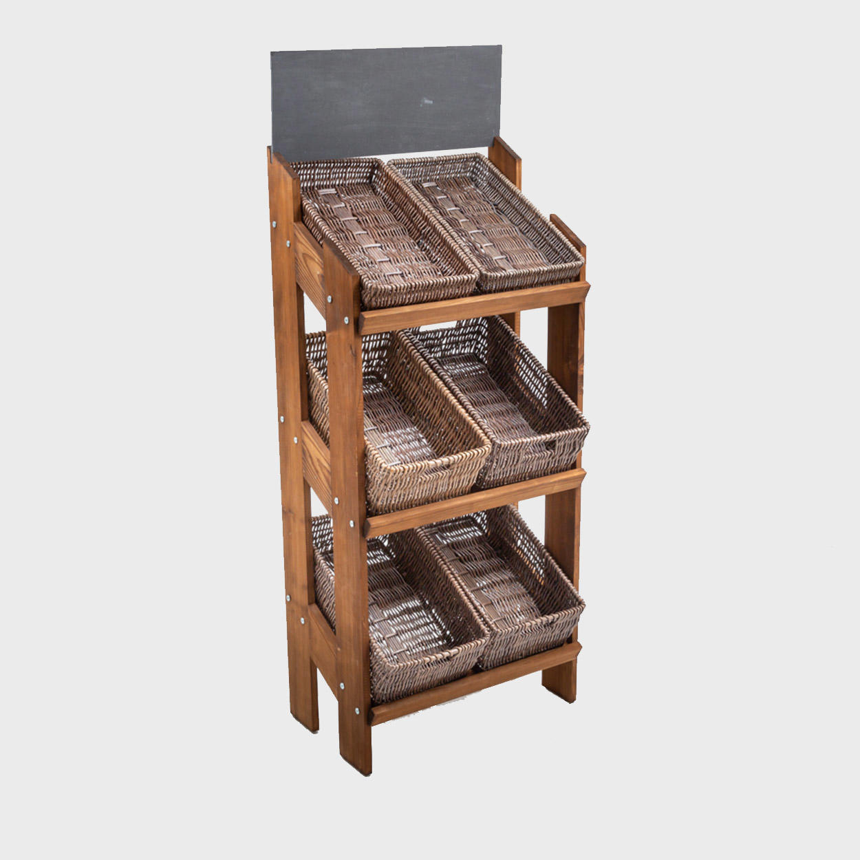 A three-shelf retail display stand made of dark oak wood with rustic wicker trays.